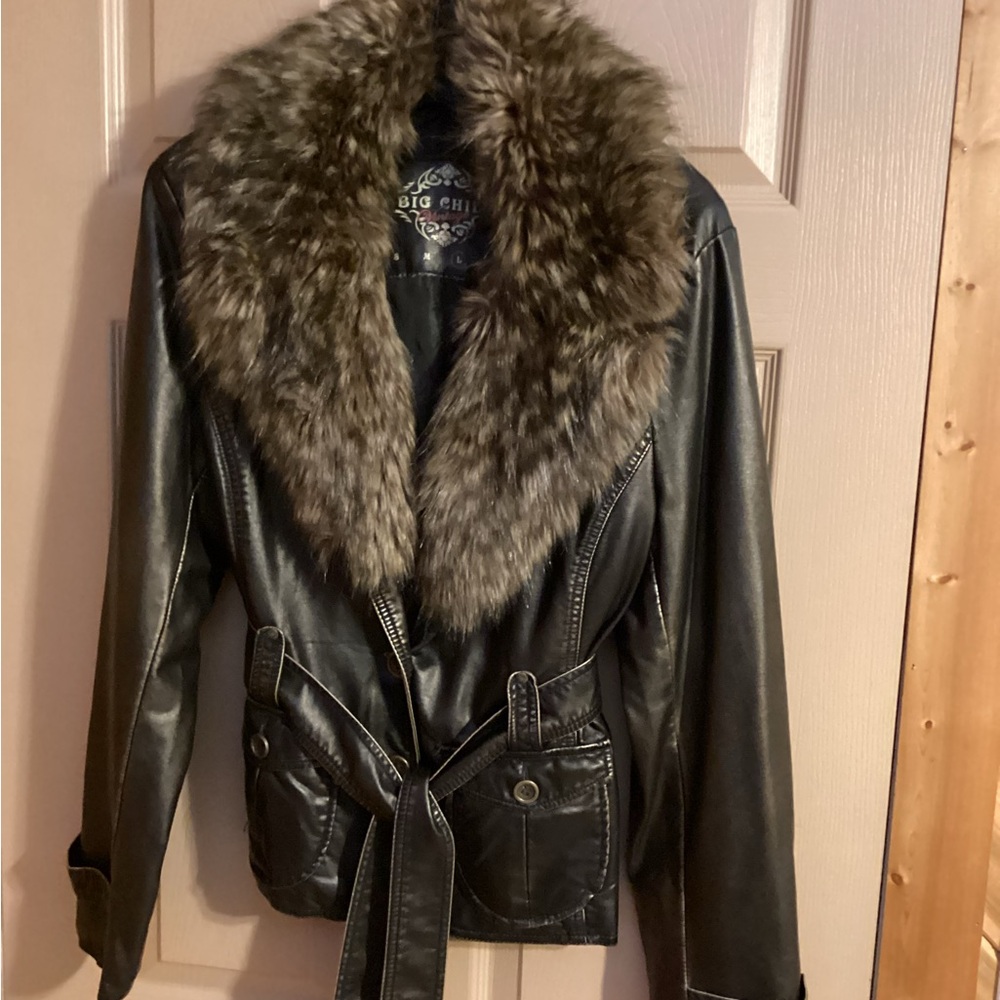 Big Chill Vintage  Brown Leather Jacket with Brown Faux Fur - Picture 4 of 10